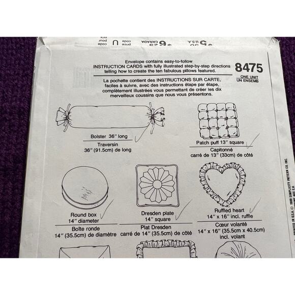 Simplicity 8475 decorative pillow pattern bolster round - Picture 5 of 5
